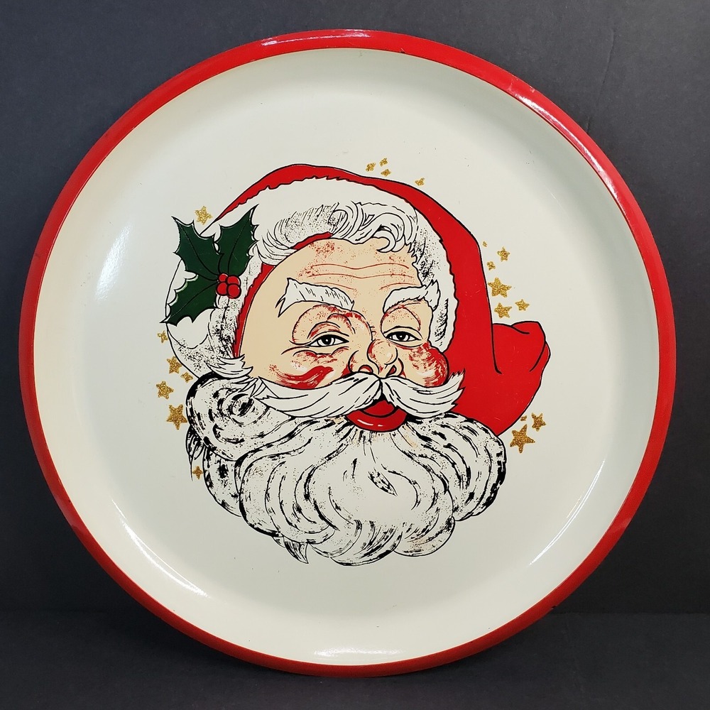 Vtg Melamine Plastic Santa Claus Stars Christmas Serving Tray Round Japan 13.25"